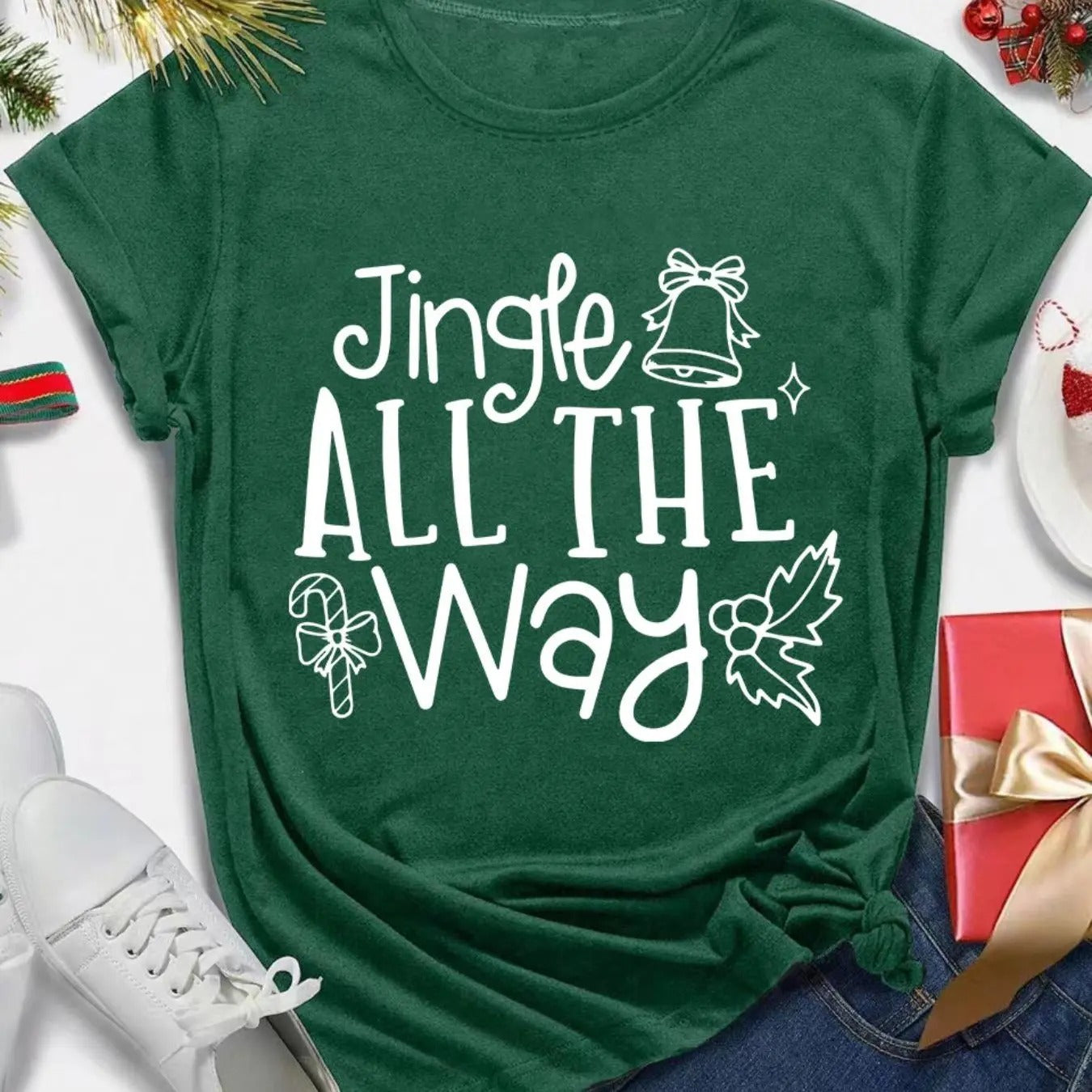 Women's Christmas Letter Print Round Neck Tee, Casual Short Sleeve Crew Neck T-Shirt for Summer, Fashion Women's Top for...