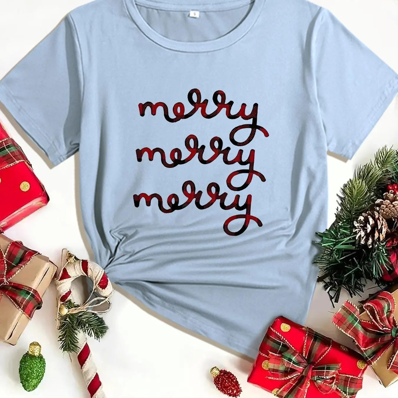 Women's Christmas Letter Print Round Neck Tee, Casual Short Sleeve Crew Neck T-shirt for Spring & Fall, Fashion Women's...
