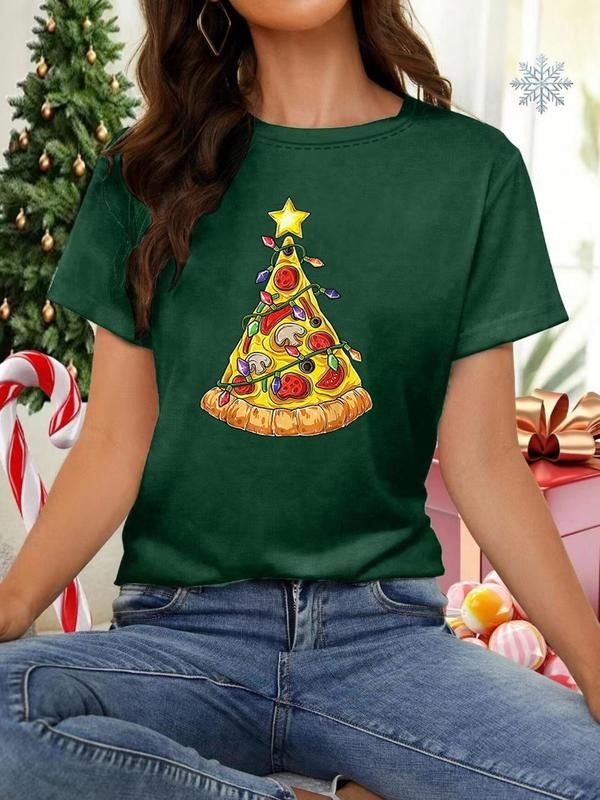 Women's Christmas Pizza Print Round Neck Tee, Casual Short Sleeve Crew Neck T-shirt for All Seasons, Fashion Women's Top...