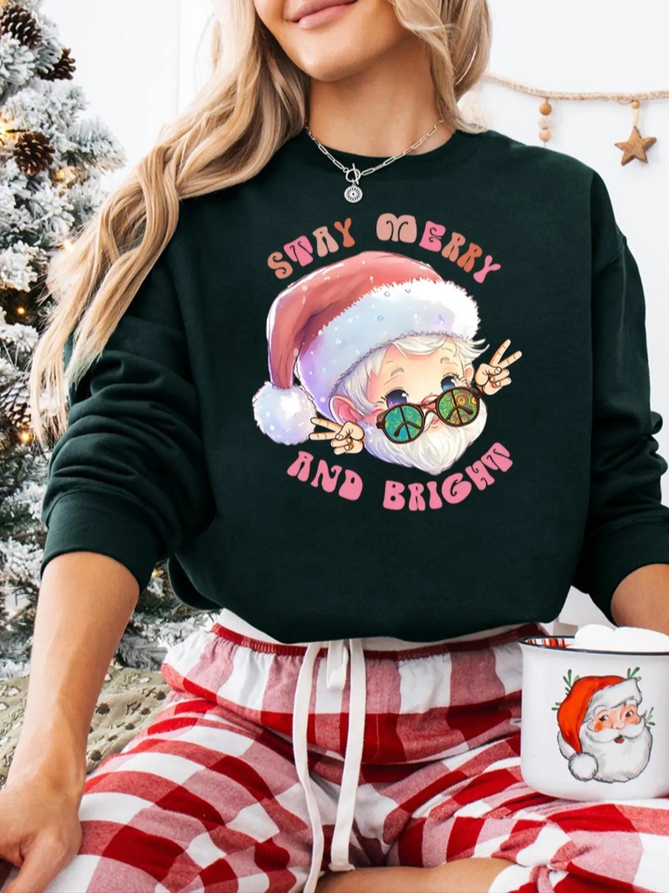 Women's Christmas Print Crew Neck Sweatshirt, Casual Santa Claus & Letter Print Long Sleeve Pullover, Women's Fall &...