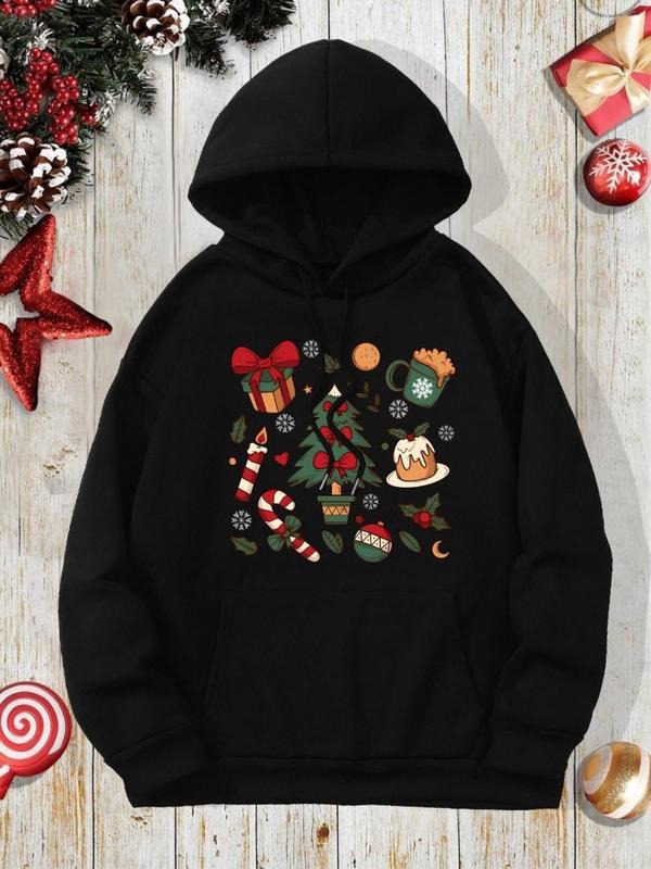Women's Christmas Print Drop Shoulder Graphic Hoodie, Fashion Casual Drawstring Pocket Hooded Sweatshirt for Daily...