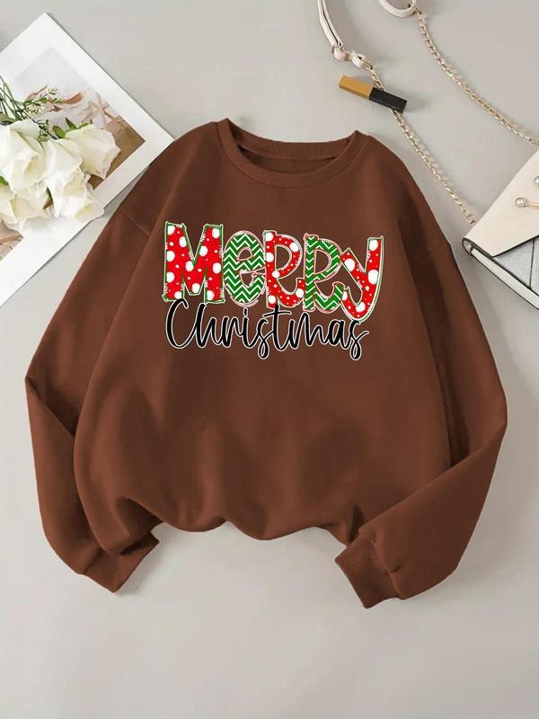 Women's Christmas Print Drop Shoulder Sweatshirt, 2024 New Style Casual Long Sleeve Round Neck Pullover for Daily Wear,...