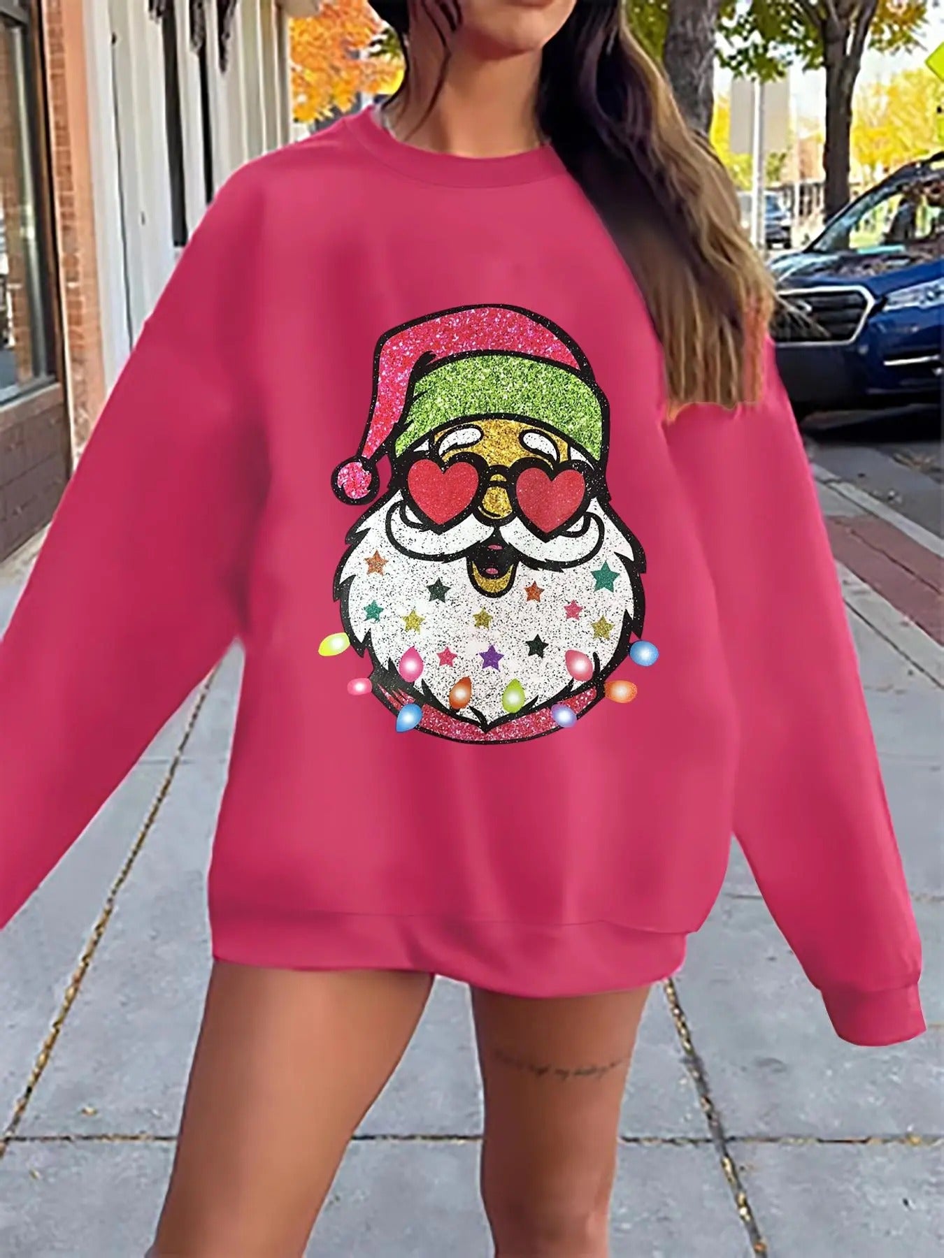 Women's Christmas Santa Claus Print Crew Neck Sweatshirt, Casual Long Sleeve Pullover for Daily Wear, Ladies Clothes for...