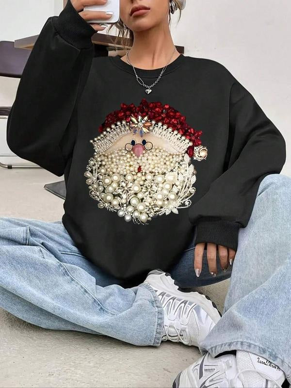 Santa Claus Print Drop Shoulder Casual Long Sleeve Round Neck Fall & Winter Clothes Daily T-Shirts, Hoodie, Sweatshirt