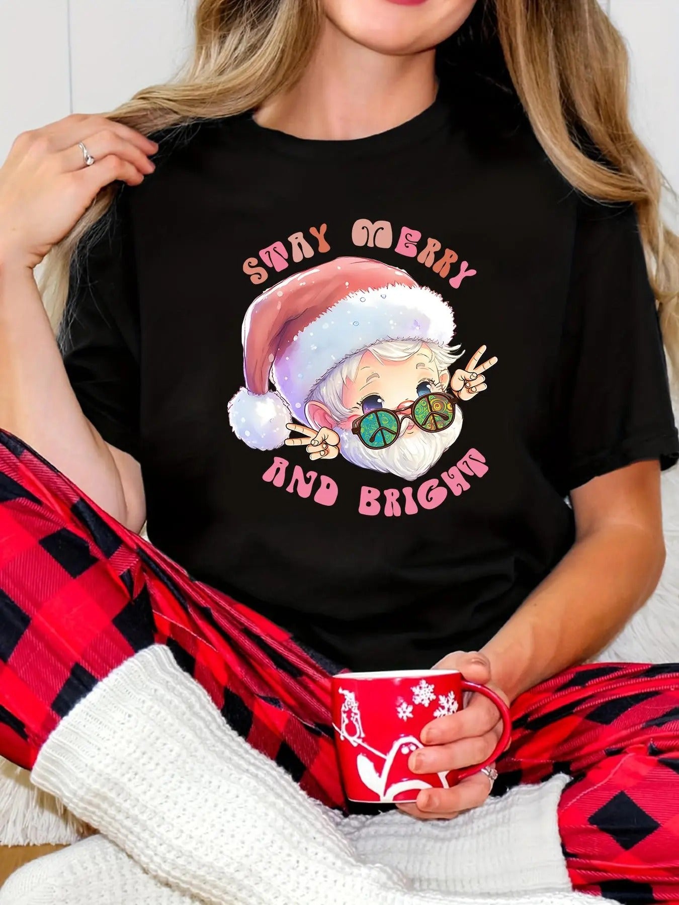Women's Christmas Santa Claus Print Round Neck Tee, Casual Short Sleeve Crew Neck T-shirt for Daily Holiday Vacation...