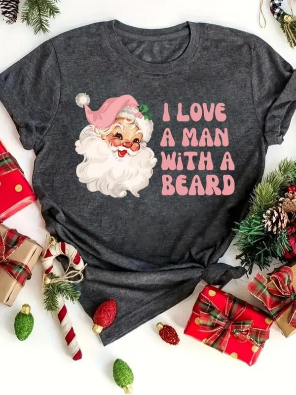 Women's Christmas Santa Claus Print Round Neck Tee, Casual Short Sleeve Crew Neck T-shirt for Daily Holiday Vacation...