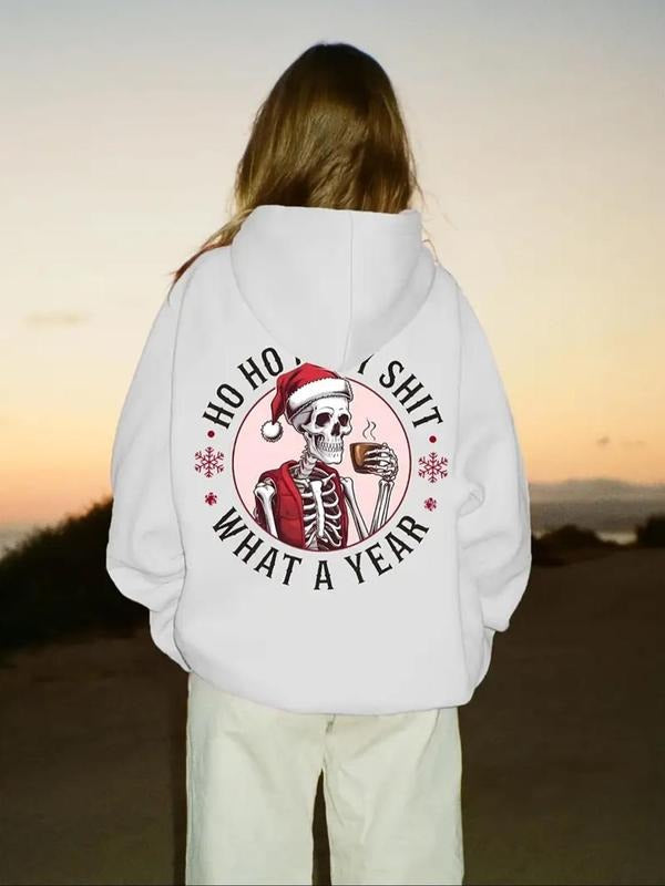 Women's Christmas Skeleton & Letter Print Drop Shoulder Hoodie, Fashion Casual Drawstring Pocket Hooded Sweatshirt for...