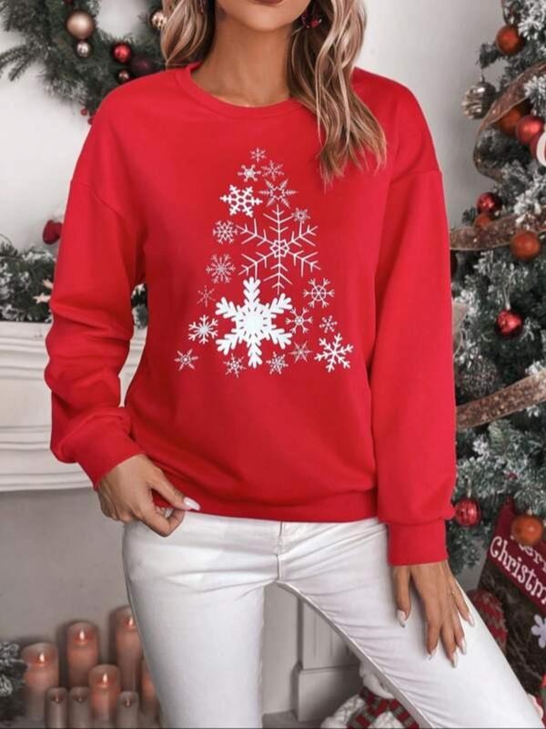 Women's Christmas Snowflake Print Round Neck Sweatshirt, Casual Drop Shoulder Long Sleeve Pullover for Daily Wear, Ladies...