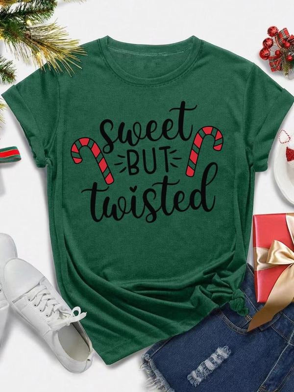 Women's Christmas Stick & Letter Print Round Neck Tee, Casual Short Sleeve Crew Neck T-Shirt for All Seasons, Fashion...