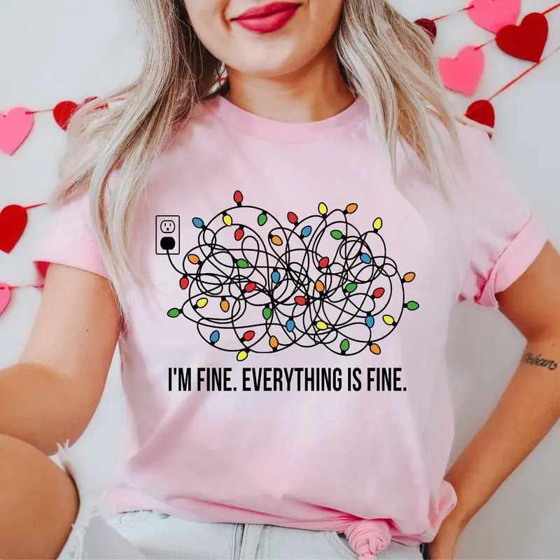 Women's Christmas Sweatshirt with I'm Fine Everything Is Fine Tee and Christmas Lights Design