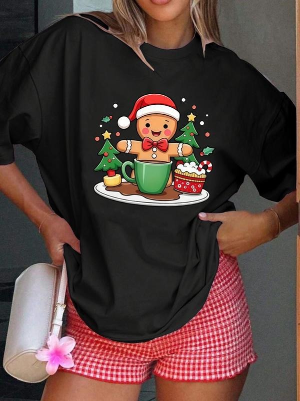 Women's Christmas T-Shirt Top, Fashion Short Sleeve Holiday Shirt, Santa Claus Pattern Design, Perfect for Festive...