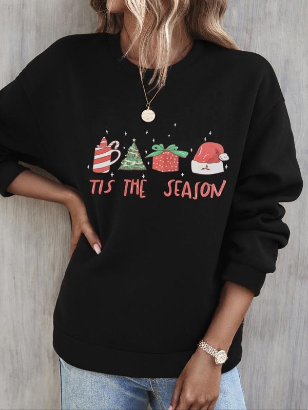 Women's Christmas Theme Graphic Print Drop Shoulder Round Neck Long Sleeve Sweatshirt Tops, Comfort Long-sleeve Crew Neck...