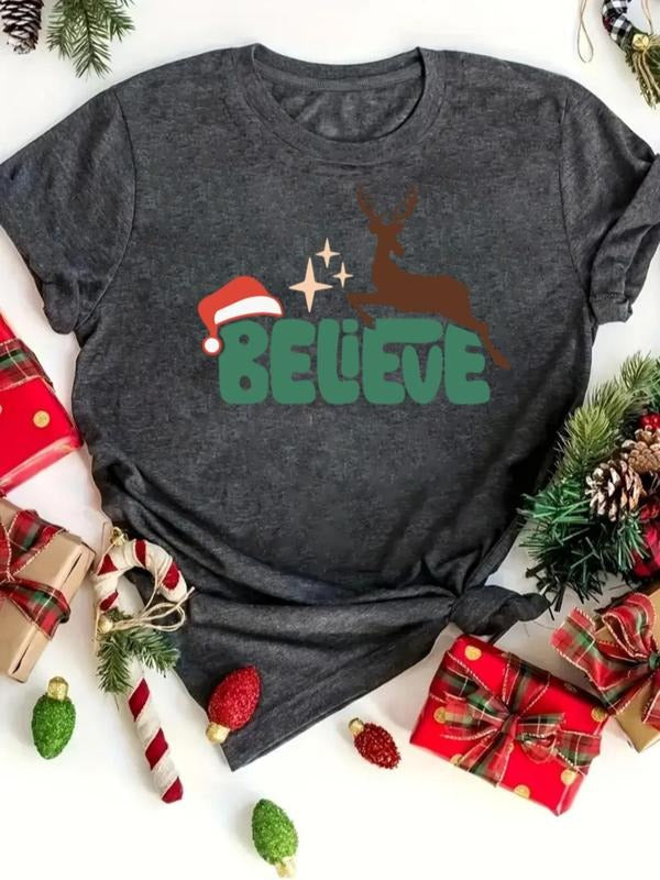 Women's Christmas Themed "Believe" Print Round Neck Tee, Casual Short Sleeve Crew Neck T-shirt for Daily Holiday Vacation...