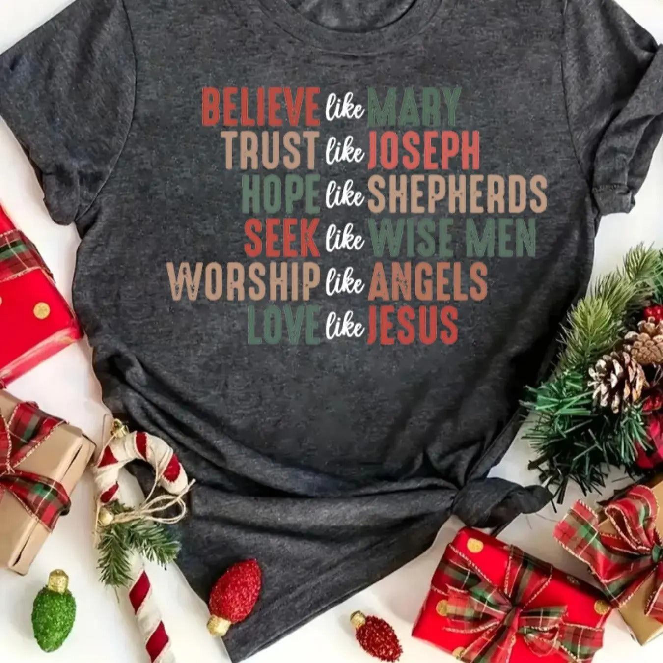 Women's Christmas Themed "Believe Like Mary" Print Round Neck Tee, Casual Letter Print Short Sleeve T-shirt for Daily...