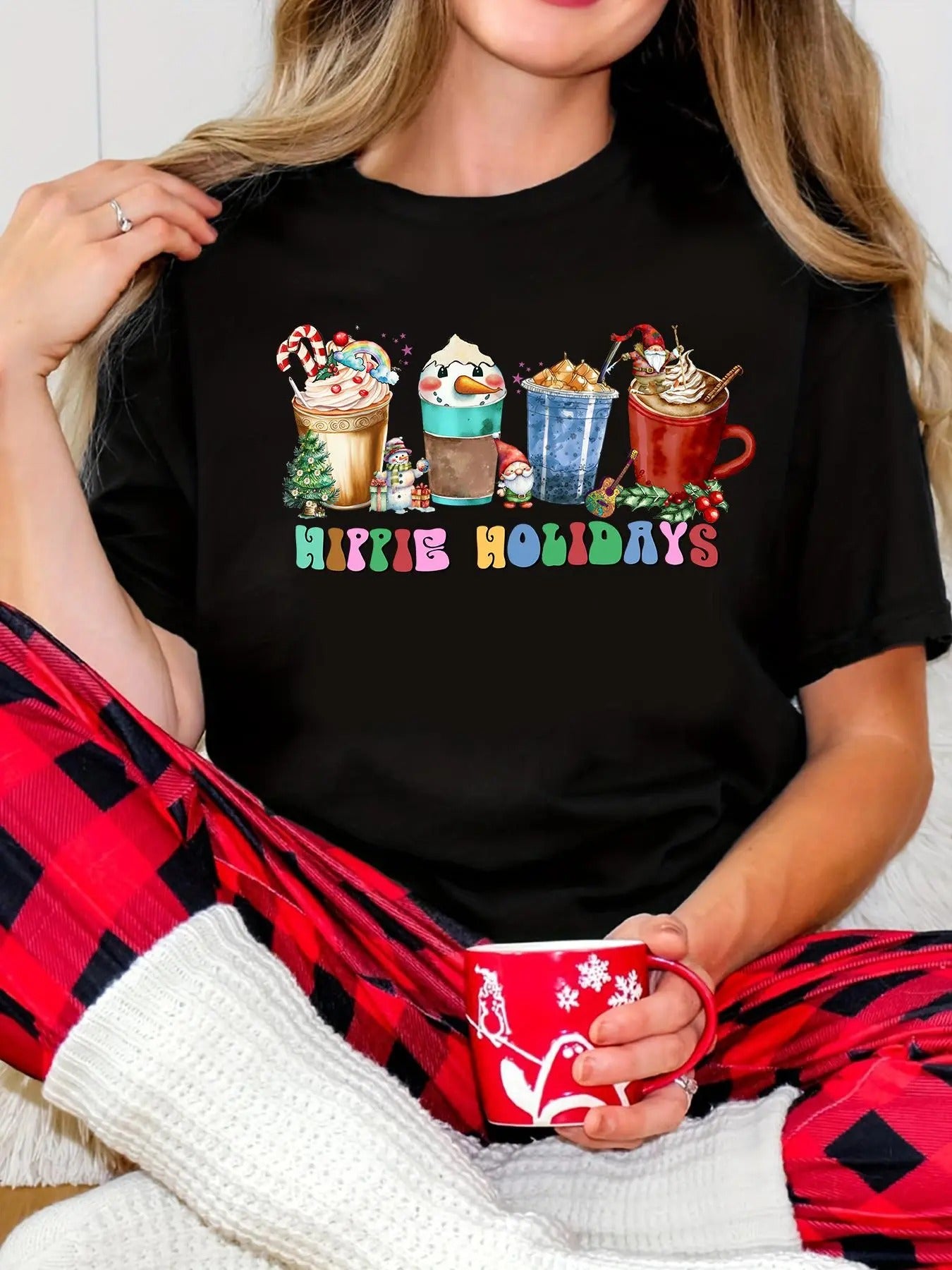 Women's Christmas Themed "HAPPY HOLIDAYS" Print Round Neck Tee, Casual Soft Comfortable Long Sleeve Crew Neck T-shirt for...