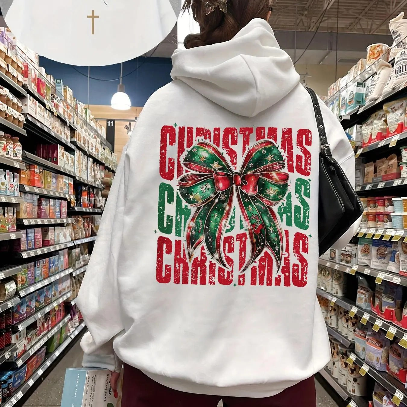 Women's Christmas Themed Bow & Letter Print Drop Shoulder Hoodie, Fashion Casual Drawstring Hooded Sweatshirt for Daily...