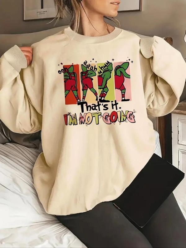 Women's Christmas Themed Cartoon Print Crew Neck Sweatshirt, Casual Long Sleeve Pullover for Daily Wear, Ladies Fall &...