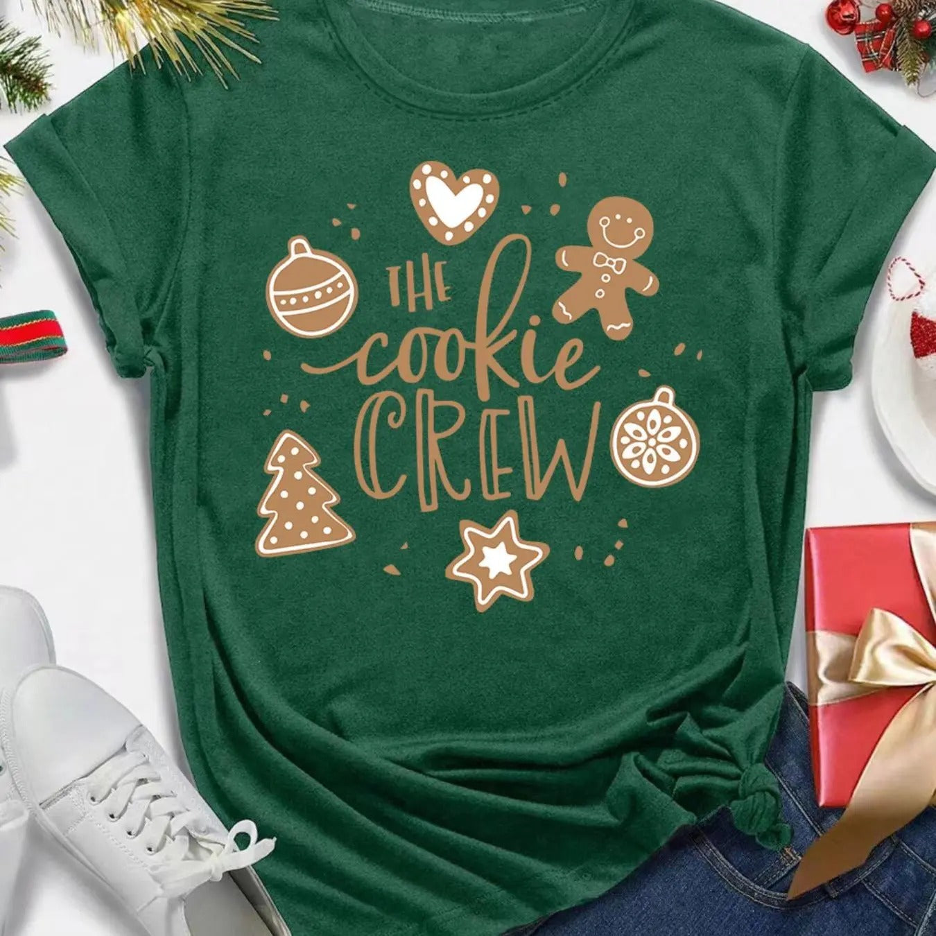 Women's Christmas Themed Cartoon Print Round Neck Graphic Tee, Casual Short Sleeve T-shirt for Vacation Holiday, Ladies...