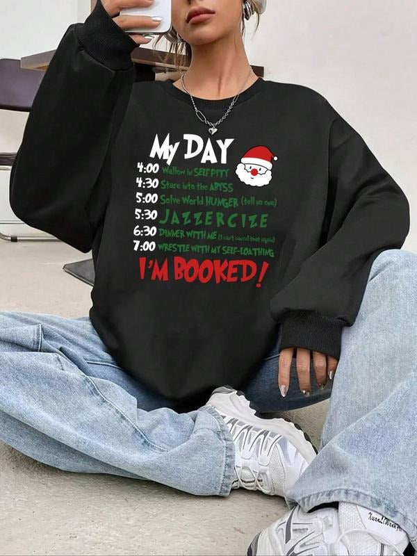 Women's Christmas Themed Cartoon Santa Claus Print Drop Shoulder Sweatshirt, Casual Long Sleeve Round Neck Pullover for...