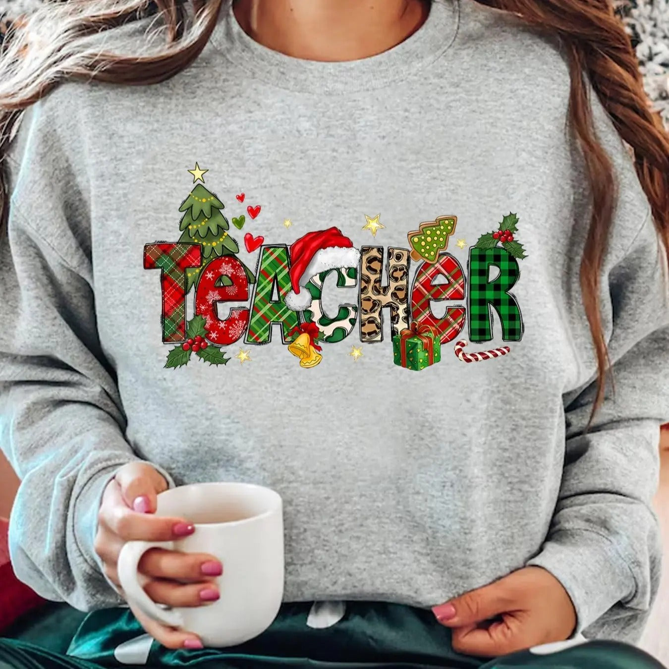 Women's Christmas Themed Cartoon Tree & Letter Print Crew Neck Sweatshirt, Casual Long Sleeve Pullover for Daily Wear,...