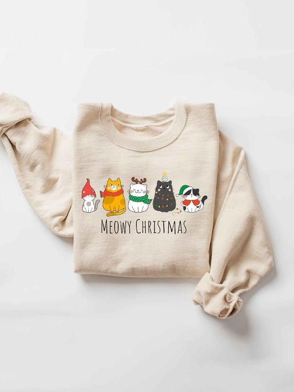 Women's Christmas Themed Cat & Letter Print Drop Shoulder Sweatshirt, Casual Long Sleeve Round Neck Pullover for Fall &...