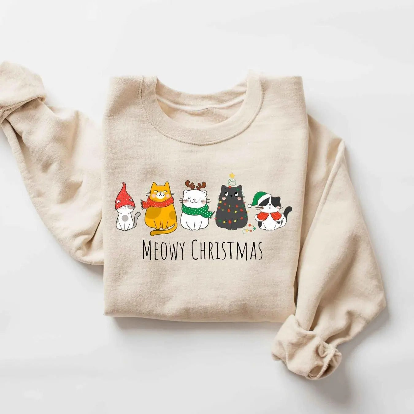 Women's Christmas Themed Cat & Letter Print Drop Shoulder Sweatshirt, Casual Long Sleeve Round Neck Pullover for Fall &...