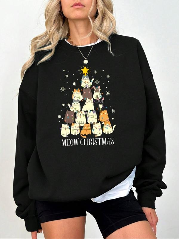 Women's Christmas Themed Cat Print Crew Neck Sweatshirt, Casual Long Sleeve Pullover for Daily Wear, Ladies Fall & Winter...