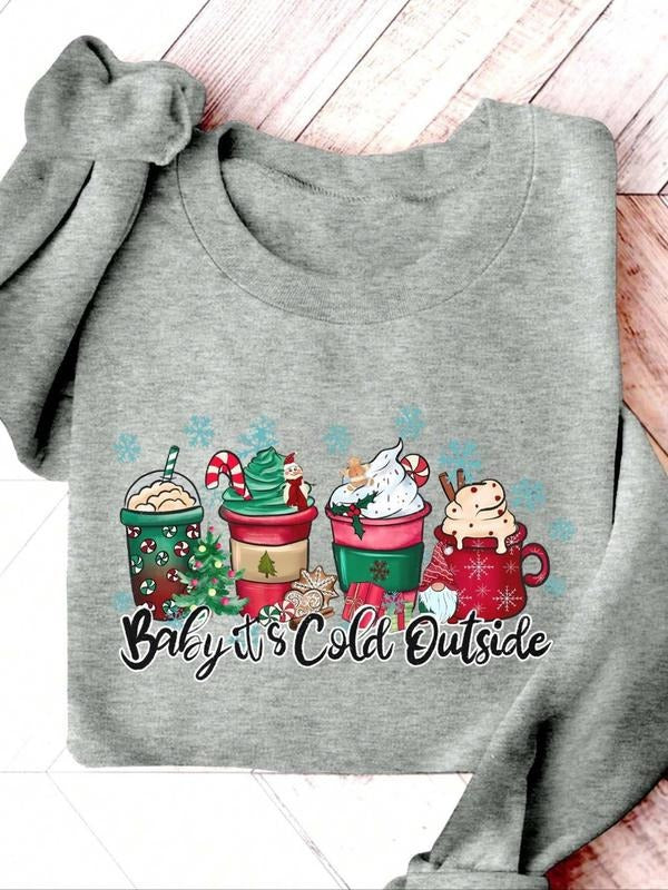 Women's Christmas Themed Coffee Cup Print Crew Neck Pullover, Casual Fashion Long Sleeve Sweatshirt for Daily Wear,...