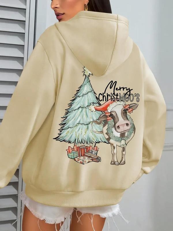 Women's Christmas Themed Cow Print Drop Shoulder Hoodie, Fashion Casual Pocket Hooded Sweatshirt for Daily Holiday...