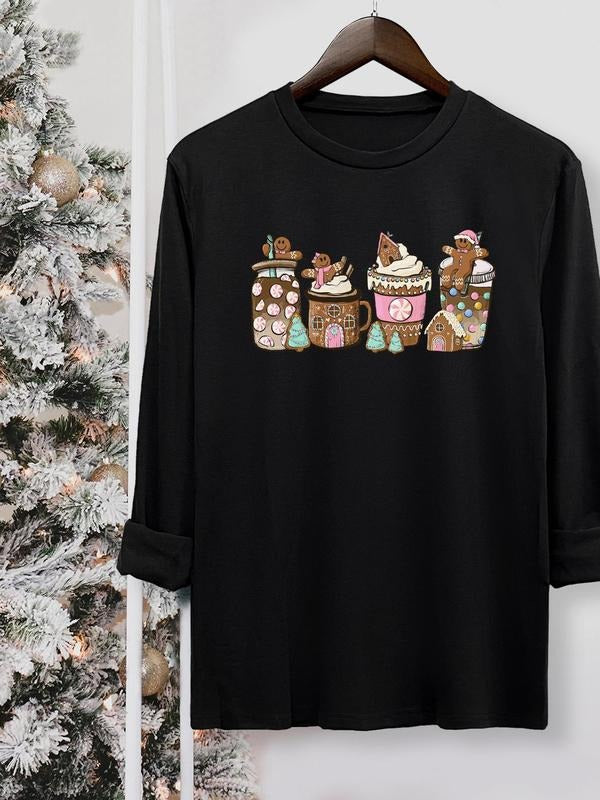 Themed Cup Print Round Neck Casual Long Sleeve Crew Neck Fall & Winter Top Daily T-Shirts, Hoodie, Sweatshirt