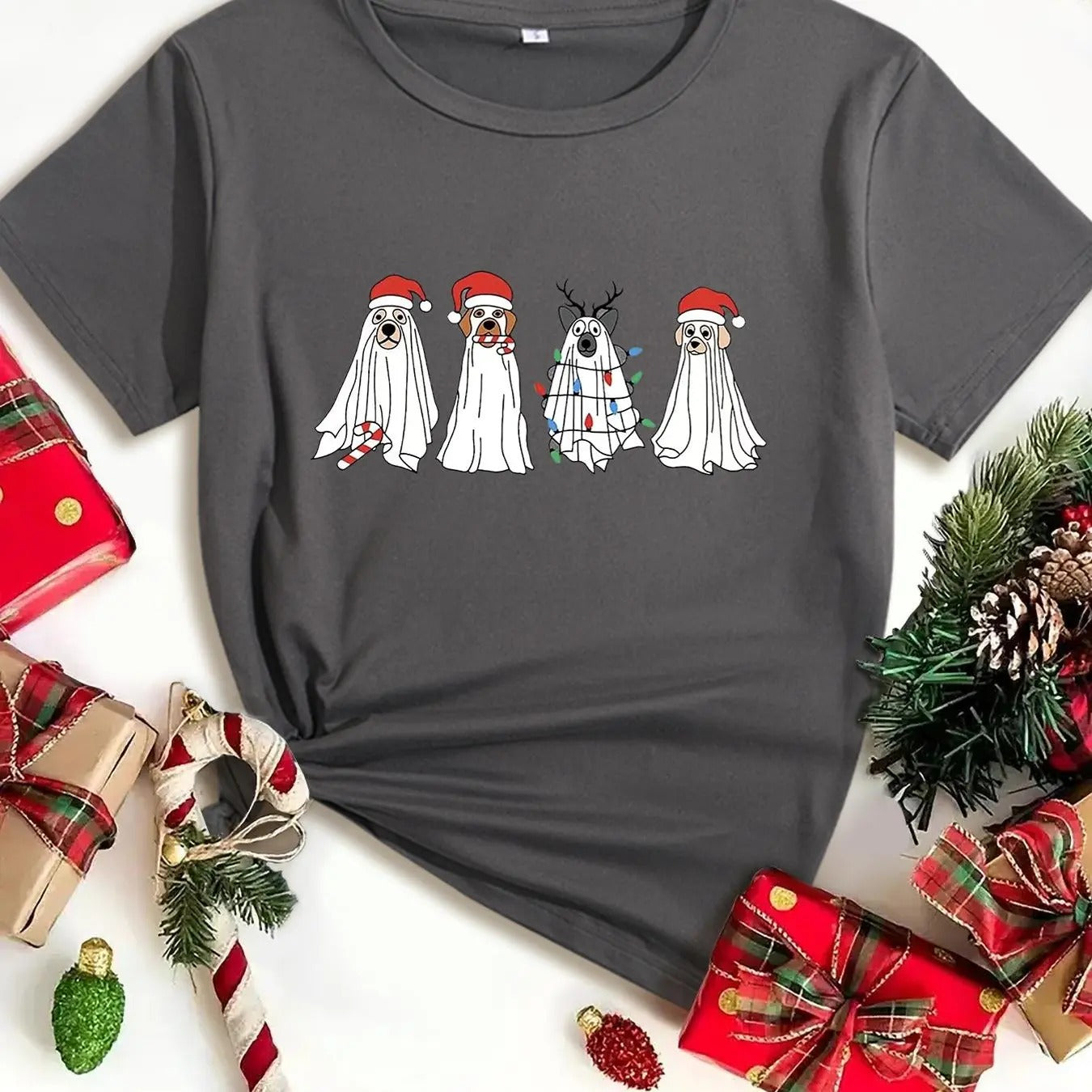 Women's Christmas Themed Dog Print Round Neck Tee, Casual Short Sleeve T-shirt for Daily Wear, Ladies Clothes for Summer...