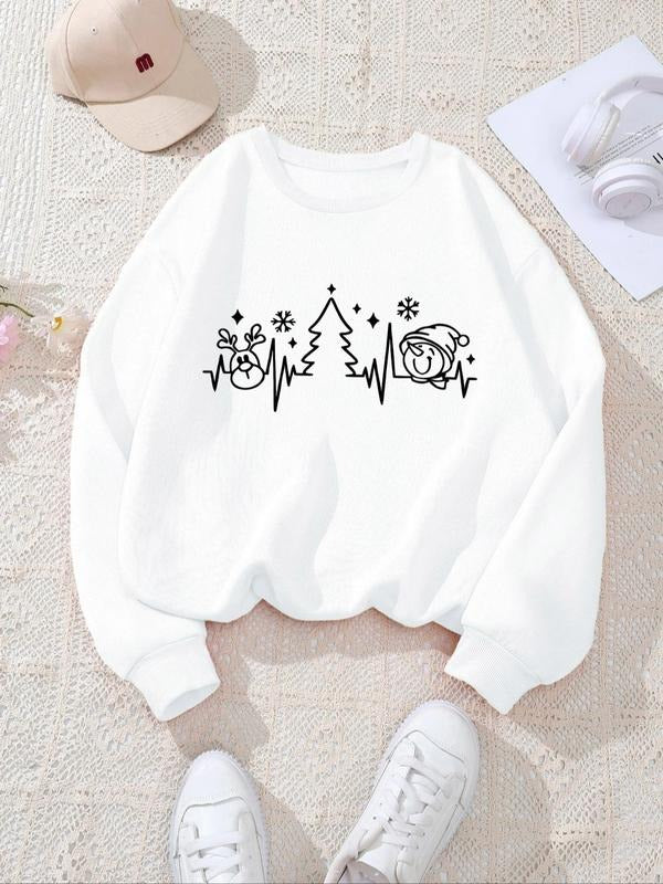 Women's Christmas Themed Drop Shoulder Sweatshirt, Casual Long Sleeve Round Neck Pullover for Fall & Winter, Women's...