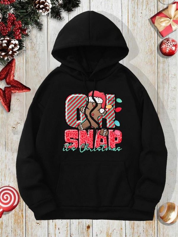 Women's Christmas Themed Gingerbread Man Print Drop Shoulder Hoodie, Fashion Casual Drawstring Pocket Hooded Sweatshirt...
