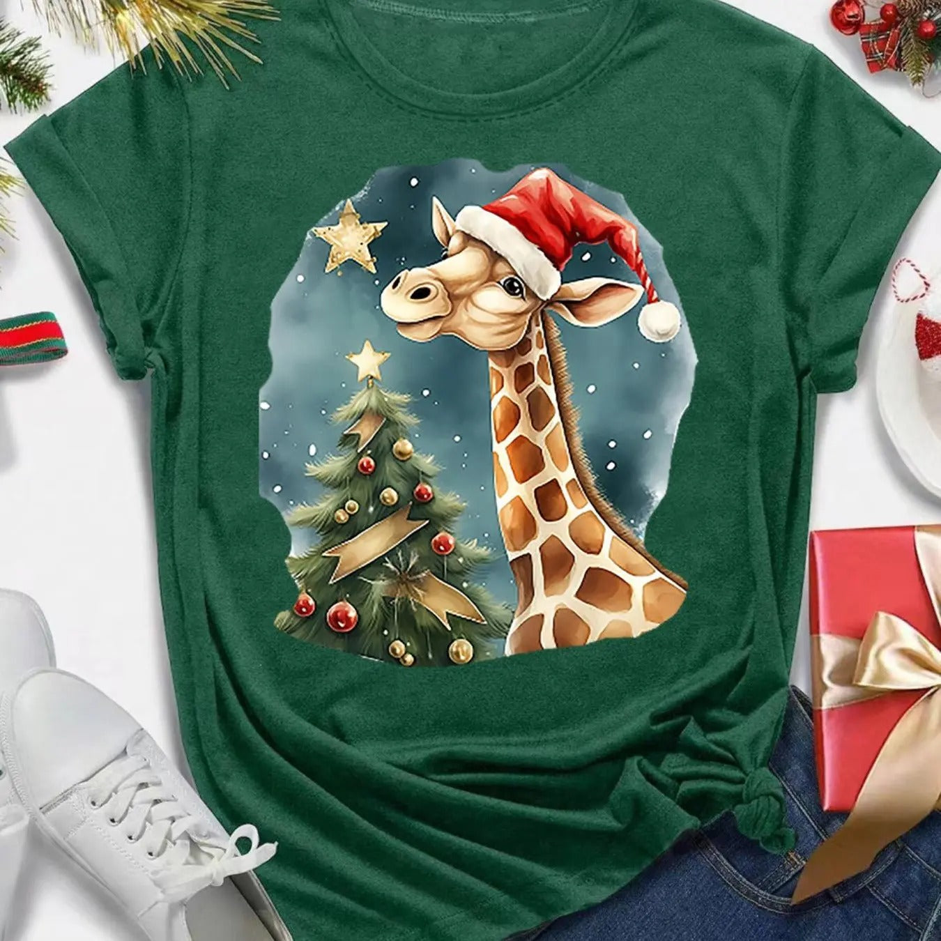 Women's Christmas Themed Giraffe Print Round Neck Tee, Casual Short Sleeve Crew Neck T-Shirt for Daily Holiday Vacation...