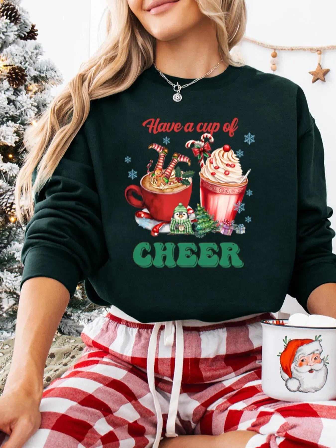 Women's Christmas Themed Graphic & Letter Print Drop Shoulder Sweatshirt, Casual Long Sleeve Round Neck Pullover for Fall...