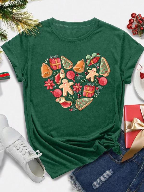 Women's Christmas Themed Heart Print Round Neck Tee, Casual Short Sleeve Crew Neck T-shirt for Daily Holiday Vacation...