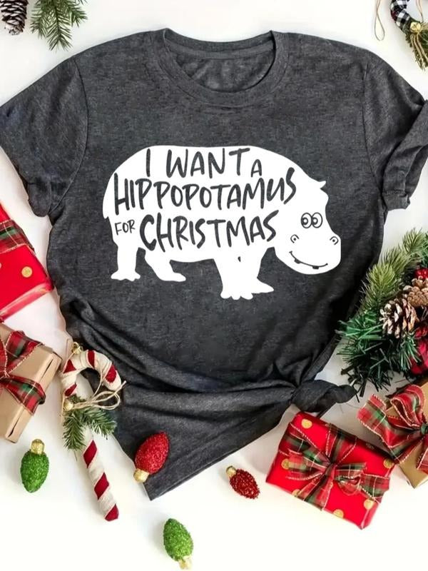 Women's Christmas Themed Hippopotamus Print Round Neck Tee, Fashion Casual Crew Neck Short Sleeve T-shirt for Daily...