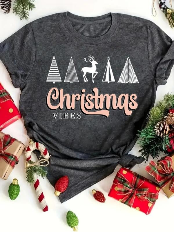 Women's Christmas Themed Letter & Tree Print Round Neck Tee, Casual Short Sleeve Crew Neck T-shirt for Daily Holiday...