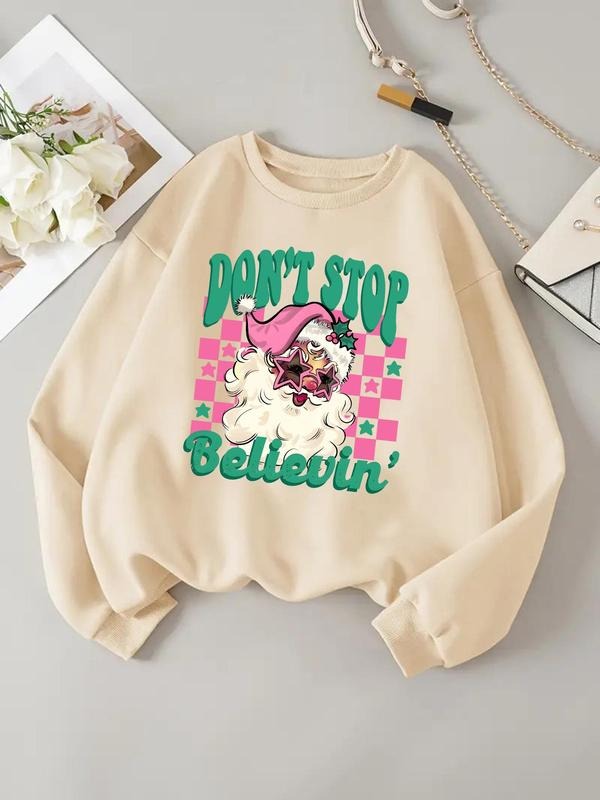 Women's Christmas Themed Letter Print Drop Shoulder Sweatshirt, Casual Long Sleeve Round Neck Pullover for Daily Wear,...