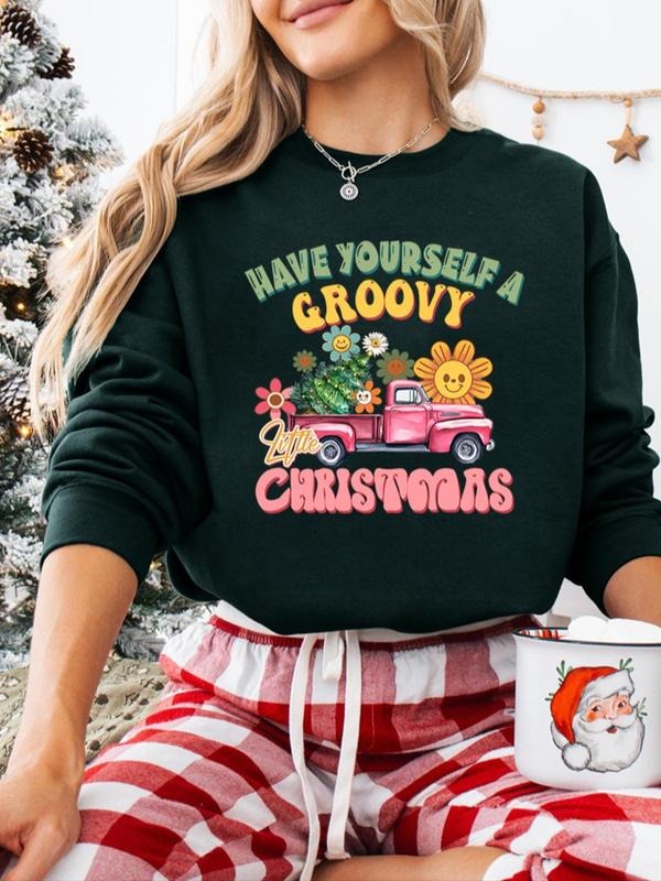 Women's Christmas Themed Letter Print Drop Shoulder Sweatshirt, Casual Long Sleeve Round Neck Pullover for Fall & Winter,...