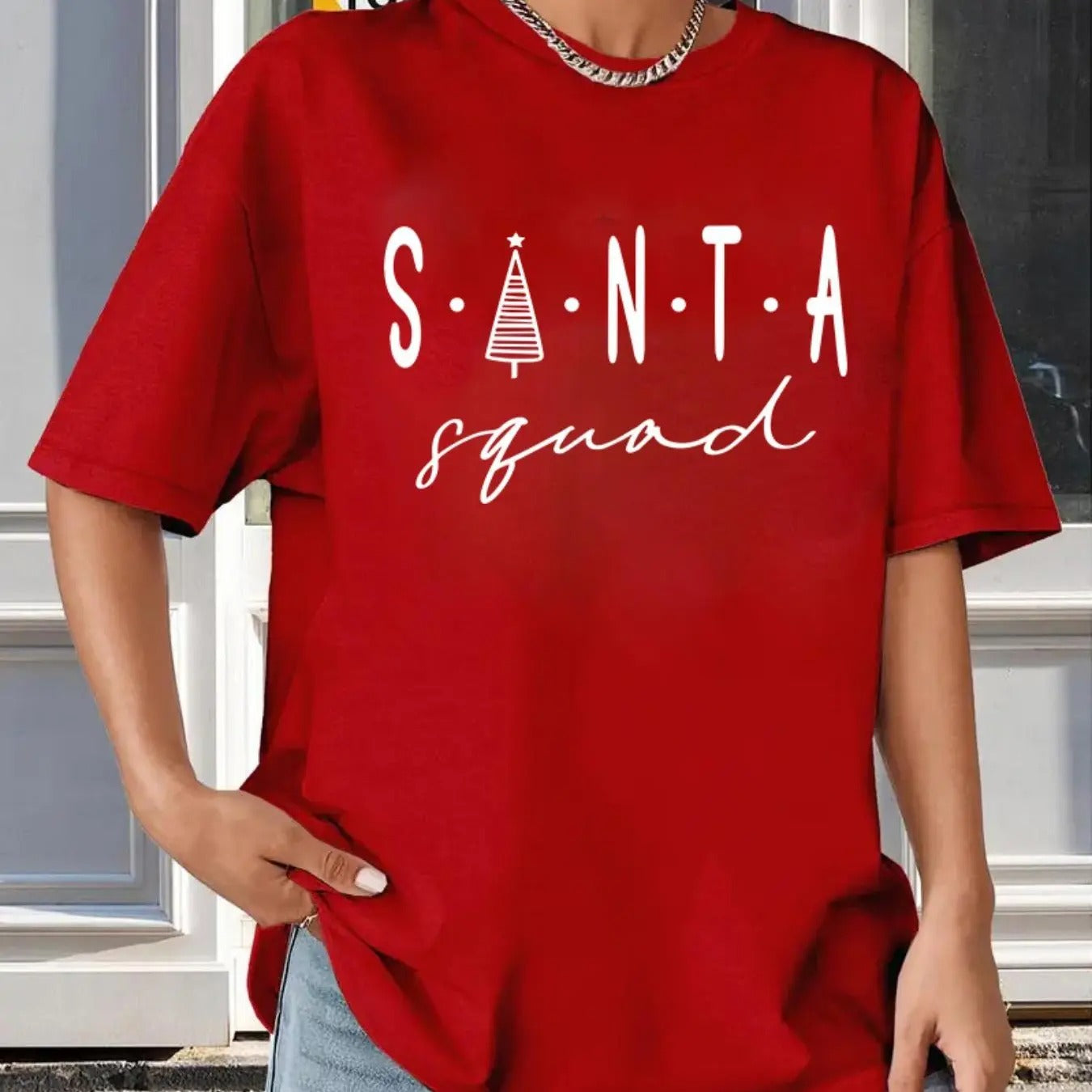 Women's Christmas Themed Letter Print Drop Shoulder Tee, Casual Half Sleeve Round Neck T-shirt for Summer, Women's Top...