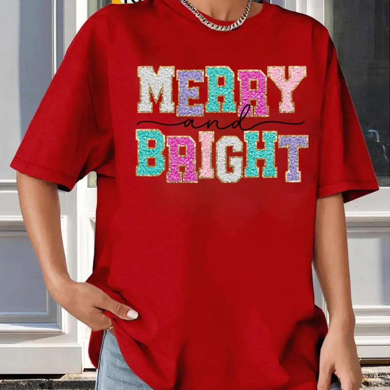Women's Christmas Themed Letter Print Drop Shoulder Tee, Casual Letter Print Half Sleeve Round Neck T-shirt for Summer,...