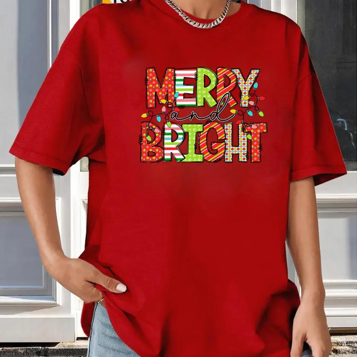 Women's Christmas Themed Letter Print Round Neck Tee, Casual Drop Shoulder Short Sleeve T-shirt for Summer, Women's Top...