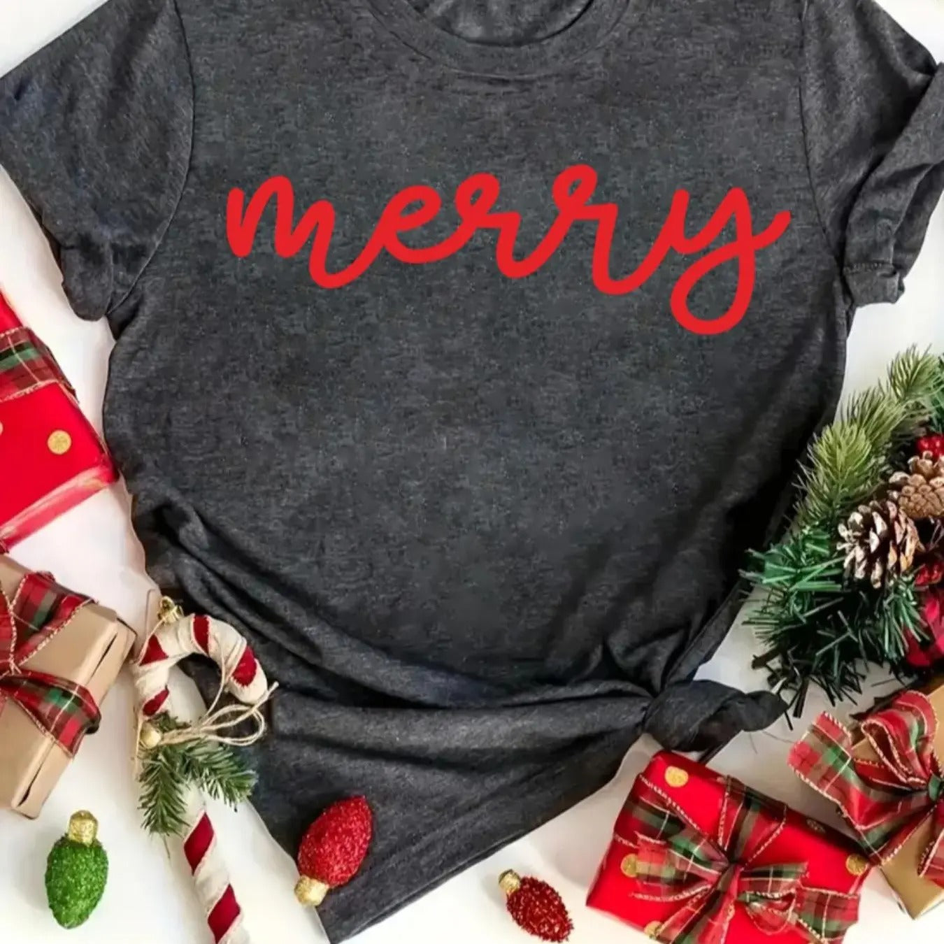 Women's Christmas Themed Letter Print Round Neck Tee, Casual Short Sleeve Crew Neck T-shirt for All Seasons, Fashion...