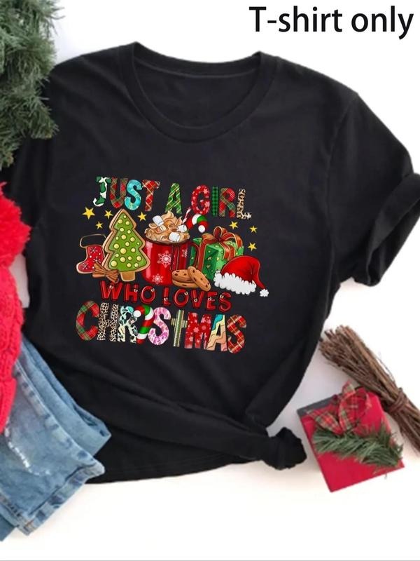 Women's Christmas Themed Letter Print Round Neck Tee, Casual Short Sleeve Crew Neck T-shirt for Daily Holiday Vacation...