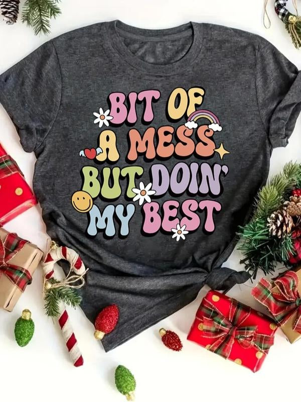 Women's Christmas Themed Letter Print Round Neck Tee, Casual Short Sleeve Crew Neck T-shirt for Daily Holiday Vacation...