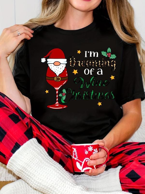 Women's Christmas Themed Letter Print Round Neck Tee, Casual Short Sleeve Crew Neck T-shirt for Summer, Fashion Women's...