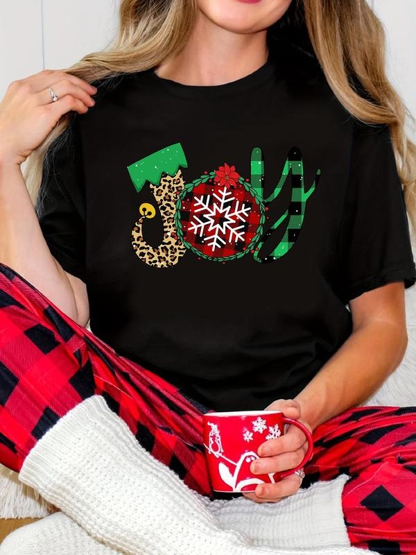 Women's Christmas Themed Letter Print Round Neck Tee, Casual Short Sleeve Crew Neck T-shirt for Summer, Fashion Women's...