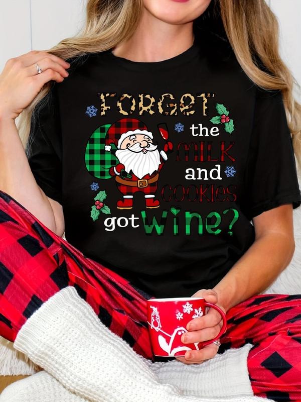 Women's Christmas Themed Letter Print Round Neck Tee, Casual Short Sleeve Crew Neck T-shirt for Summer, Fashion Women's...