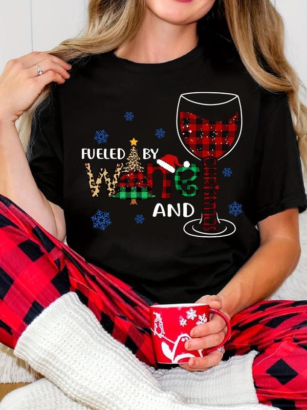 Women's Christmas Themed Letter Print Round Neck Tee, Casual Short Sleeve Crew Neck T-shirt for Summer, Fashion Women's...